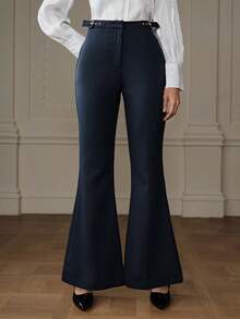 Chiquease Women's Solid Color Fashionable Design Sense Fitted Casual Button Flare Pants - Blue - View 3