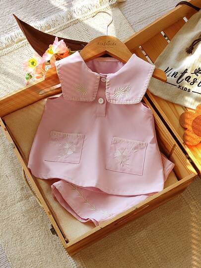 Vintaside Kids 2pcs/Set Baby Girls' Summer New 2026 Half-Open Collar Doll Collar Exquisite Embroidered One-Word Tooth Edge Front Pocket Embroidered Cute Top Shirt + Casual Embroidered Hem Shorts Set