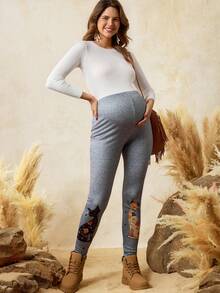 Boho Mama 可调节腰围卡通猫印花休闲打底裤，波西米亚风孕妇紧身裤，灰色保暖内衬打底裤，女士孕妇打底裤。 - 灰色 - 查看 5