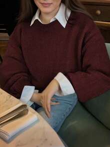 EMERY ROSE Women's Solid Color Long Sleeve Casual Cropped Stand Collar Sweater, Autumn/Winter - Burgundy - View 3