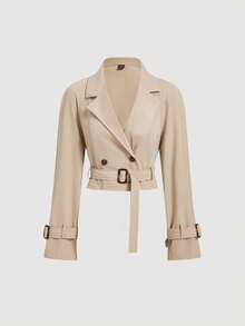 SHEIN MOD 女士卡其色短款休闲宽松外套，配腰带，秋季外套，秋装，秋装，度假女装，返校季 - 卡其色 - 查看 7