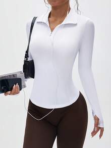 Gameset SHEIN Sport 女式基本款拉链领长袖 Polo 衫，弧形下摆，适合瑜伽、健身、户外活动 - 白色 - 查看 1