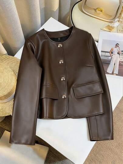 Franclia 大码秋冬长袖大口袋纯色休闲棕色PU皮夹克