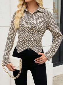 SHEIN LUNE Women's Elegant Lapel Long-Sleeve Waist-Cinched Printed Shirt,Beige Autumn Office Fashion,Versatile Urban Slim Fit Figure Reshaping Blouse - Apricot - View 5