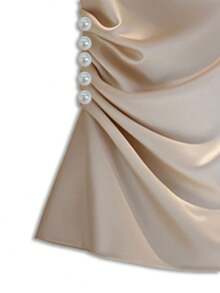 Franclia Women's Elegant Pleated Pearl Buttoned Short Sleeve Ruffle Collar Waisted Blouse Draped Top Cream Top Satin Top