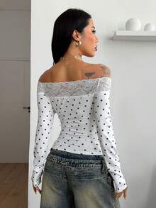 SHEIN Coolane 女式春季巫术哥特音乐节十字图案蕾丝拼布露肩上衣，X 神秘之心 - 白色 - 查看 6