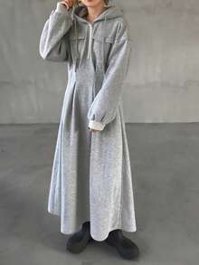 FRIFUL Women's Hooded Sweatshirt Dress, Straight Cut, Thermal Lined, Thick, Long Length - Light Grey - View 4