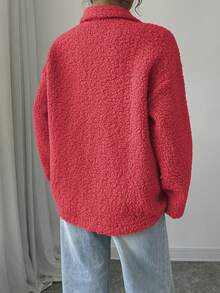 Elenzga Women's Casual Solid Color Button Front Faux Shearling Collar Jacket, Autumn/Winter - Red - View 2