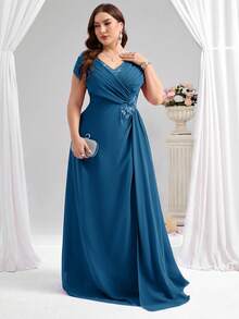 Coutiva Vestido elegante de la madre de la novia con cuello en V, decoración con aplicaciones y drapeado, talla grande, Día de San Valentín - Neblina azul - Ver 5