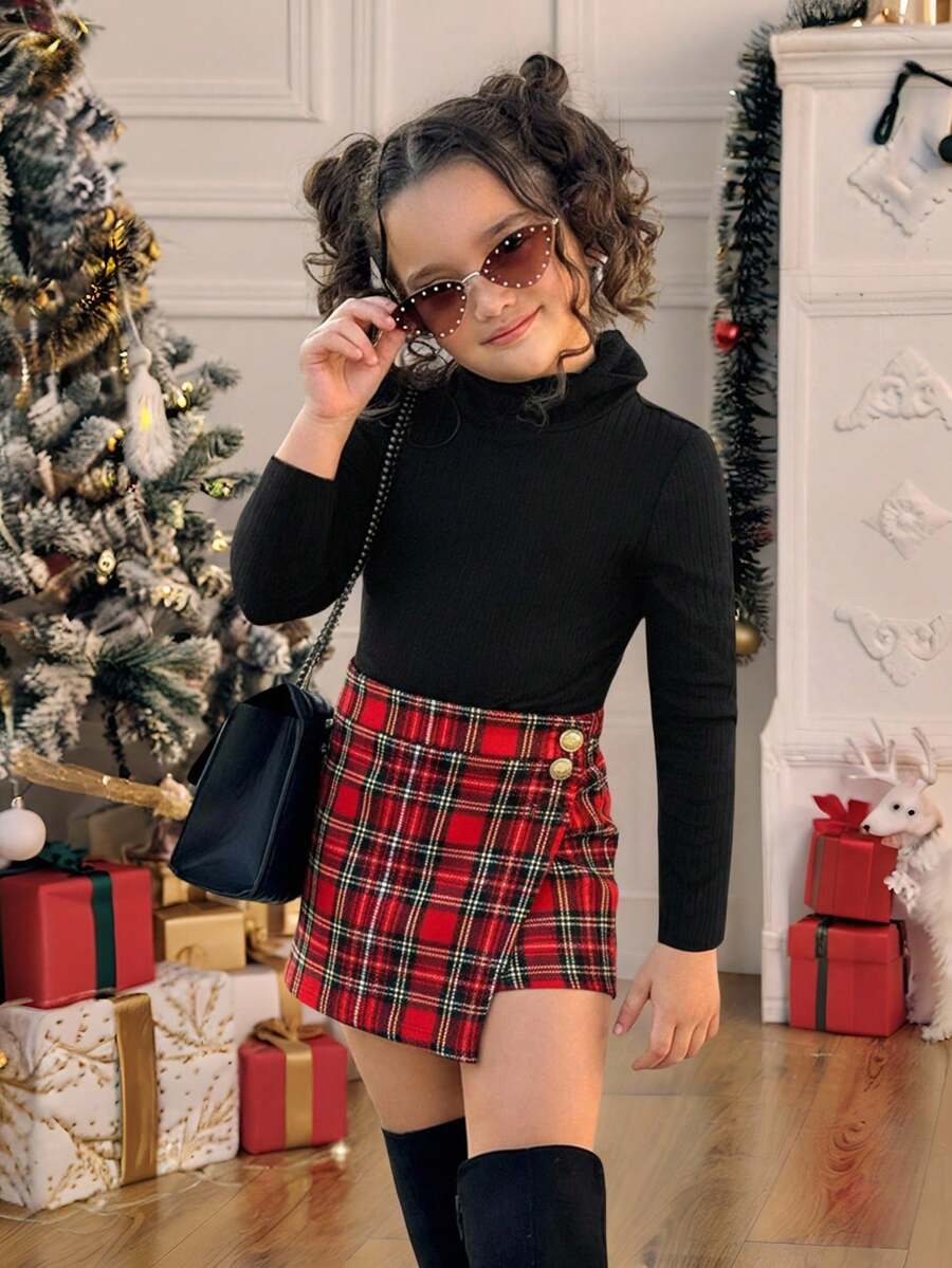 SHEIN 女童高领T恤和格子短裙两件套,适合日常通勤和秋季穿着。 - 彩色 - 查看 1