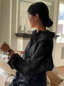 DAZY 女士纯色单排扣休闲日常长袖黑色衬衫