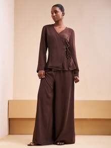 Zivah 2025 Early Autumn Winter New Style, Daily Dating, Commuting, Business, Lady Elegance, Beach, Cruise, Party, Simple, Popular, Birthday Party, Party High-End, Small Stand-Up Collar, Sleeveless, Umbrella Skirt, Maxi Skirt, Gold Silk Material Round Neck Long-Sleeved Top A-Line Skirt Military Green Women's Two Pieces Suit-A - Dark Green - View 3