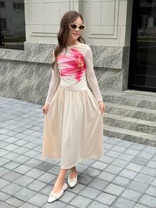SHEIN 少女杏色针织印花优雅露肩网纱两件式喇叭袖长袖连衣裙，纯色长款连衣裙，下摆加长，适合秋冬季节、正式场合、舞会、情人节、度假等。 - 香檳色 - 查看 5