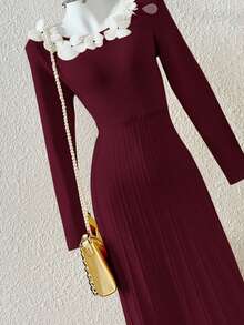 Feyla Vestido de Malha Ajustado com Decoração Floral Vestido Tipo Suéter em Linha A para Outono/Inverno - Vinho - Visão 5
