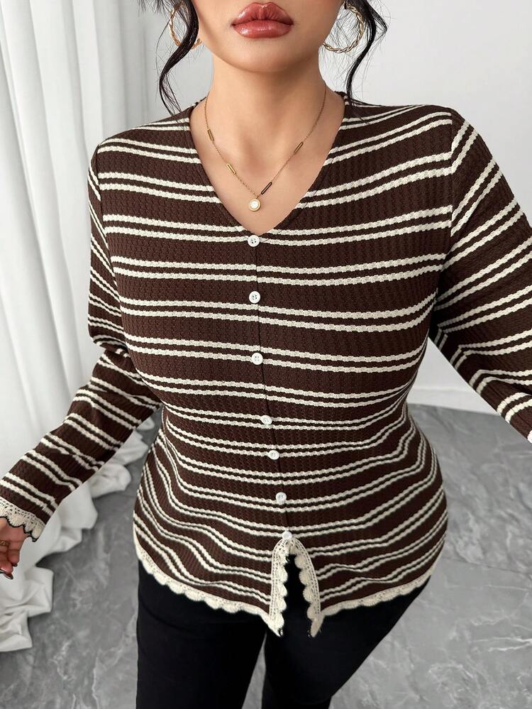 Dazy Plus V-Neck Faux Placket Button Decor Fashionable Striped Hem Slit Contrast Lace Long Sleeve T-Shirt