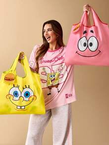 SpongeBob SquarePants | SHEIN 1个可爱卡通图案可折叠购物袋/手提袋，带珠链小收纳袋，可挂在包上，礼物，可爱，卡哇伊 - 黃色 - 查看 4
