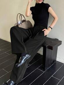 女士休闲纯色褶皱宽松西装裤，秋季款 - 黑色 - 查看 5