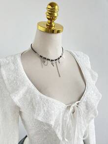 Elamini 优雅奢华女士蕾丝胸前系带衬衫 - 白色 - 查看 6