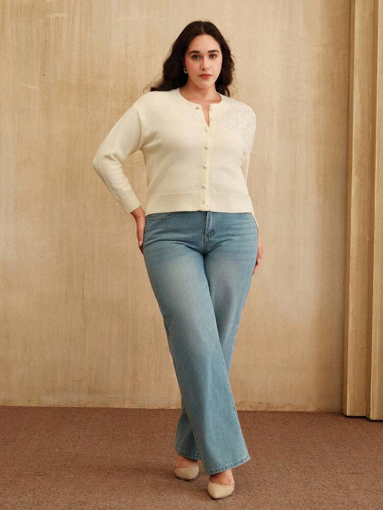 Plus Size Solid Color Knitted Elegant Pearl Button Floral 3D Decor Cardigan For Women, Autumn/Winter