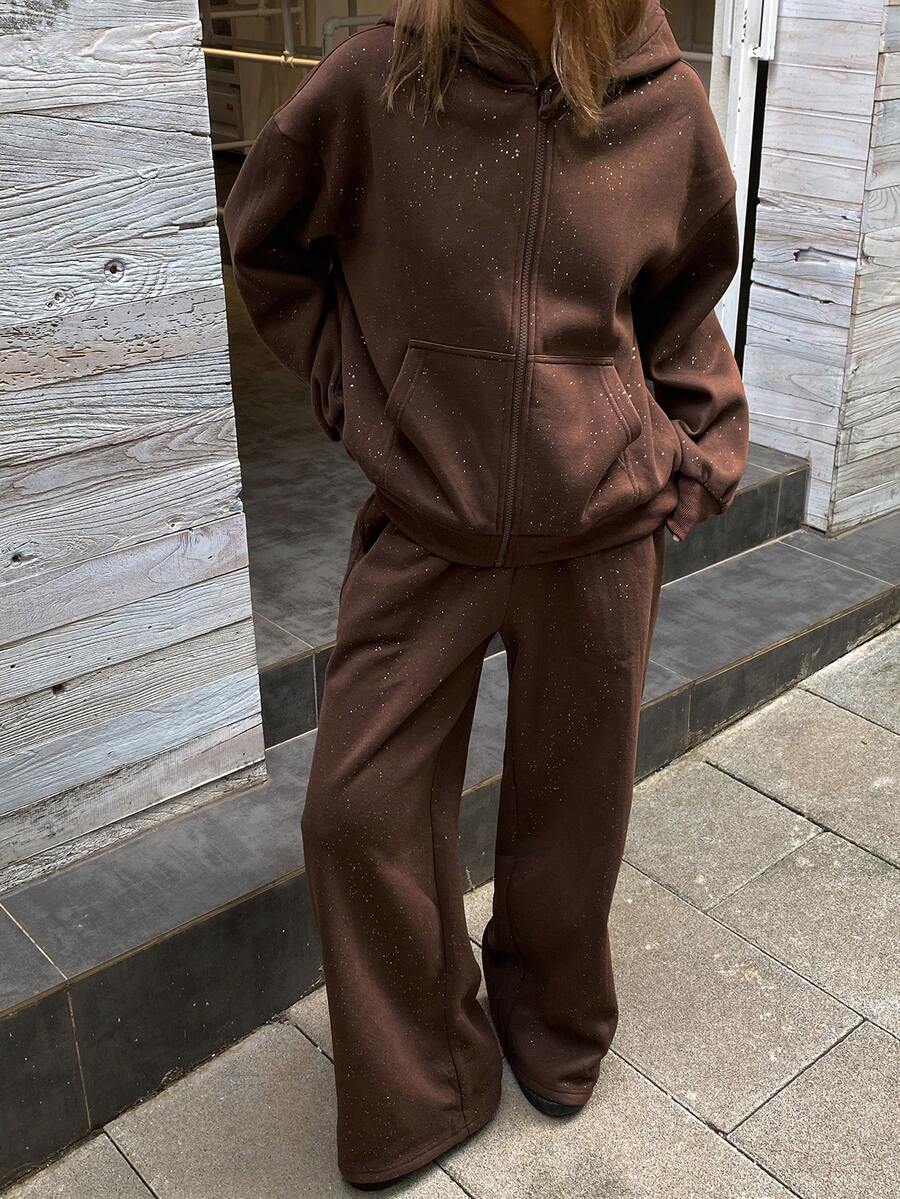 DAZY Bộ đồ nữ gồm áo hoodie và quần nỉ màu bạc ánh kim, kiểu dáng thường ngày, thích hợp mặc nhà mùa thu/đông. - Cà phê nâu - Xem 1