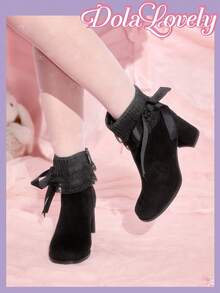 Dola Lovely Giày bốt cổ thấp kiểu Lolita thắt nơ dành cho nữ sinh, gót thấp, kiểu dáng nữ sinh mềm mại, phù hợp cho Halloween, Giáng sinh, mùa thu/đông. - màu đen - Xem 5