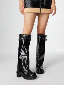 ROMWE Bốt cao đến đầu gối đế dày màu trơn đơn giản dành cho nữ - màu đen - Xem 2