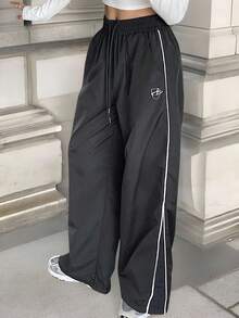 Pantalones Largos Casuales Con Cordón Y Rayas Laterales Para Mujer, Estilo Y2k - Gris - Ver 3