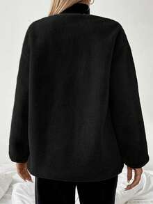 Chiquease Round Neck Contrast Color Ox Horn Button Loose Sherpa Jacket Fall Cloth For Women - Black - View 2