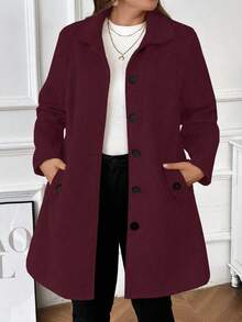 Plus Size Women's Solid Color Long Sleeve Single-Breasted Casual Pocket Woolen Coat, Autumn/Winter - Red - View 6
