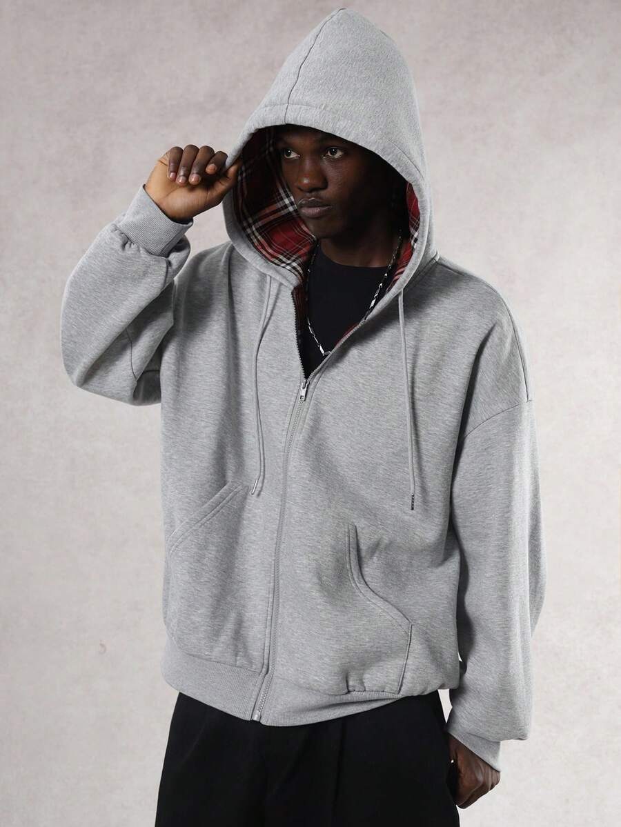 DAZY Men's Grey Hoodie With Red Plaid Lining, Thermal Lined For Autumn/Winter - Grey - View 1