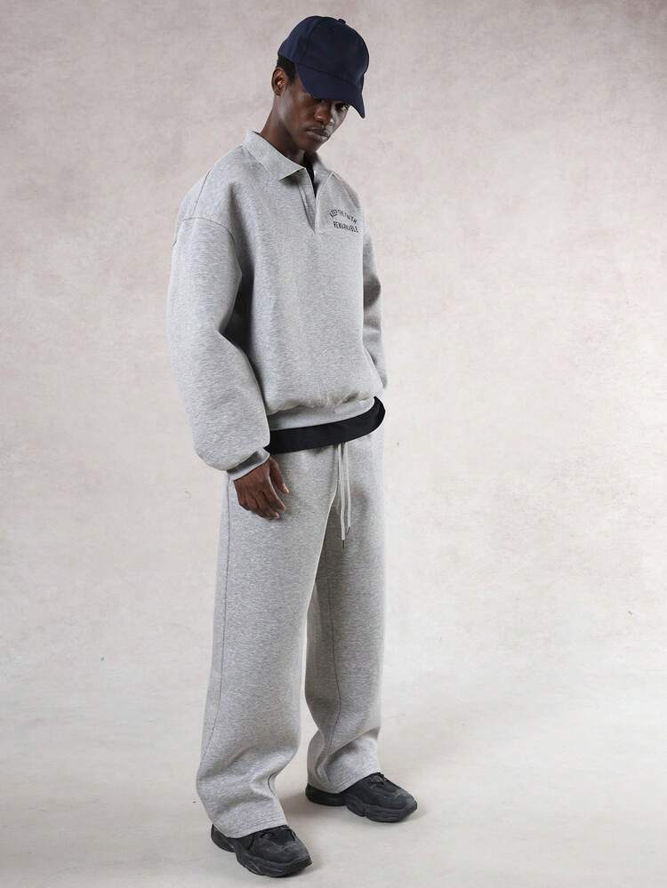 Men's Letter Print Polo Collar Thermal Lined Pullover Sweatshirt Set, Autumn/Winter