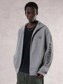 DAZY Thick Grey Gothic Letter Embroidered Hooded Sweatshirt Sweatshirt For Men, Autumn/Winter - Grey - View 3