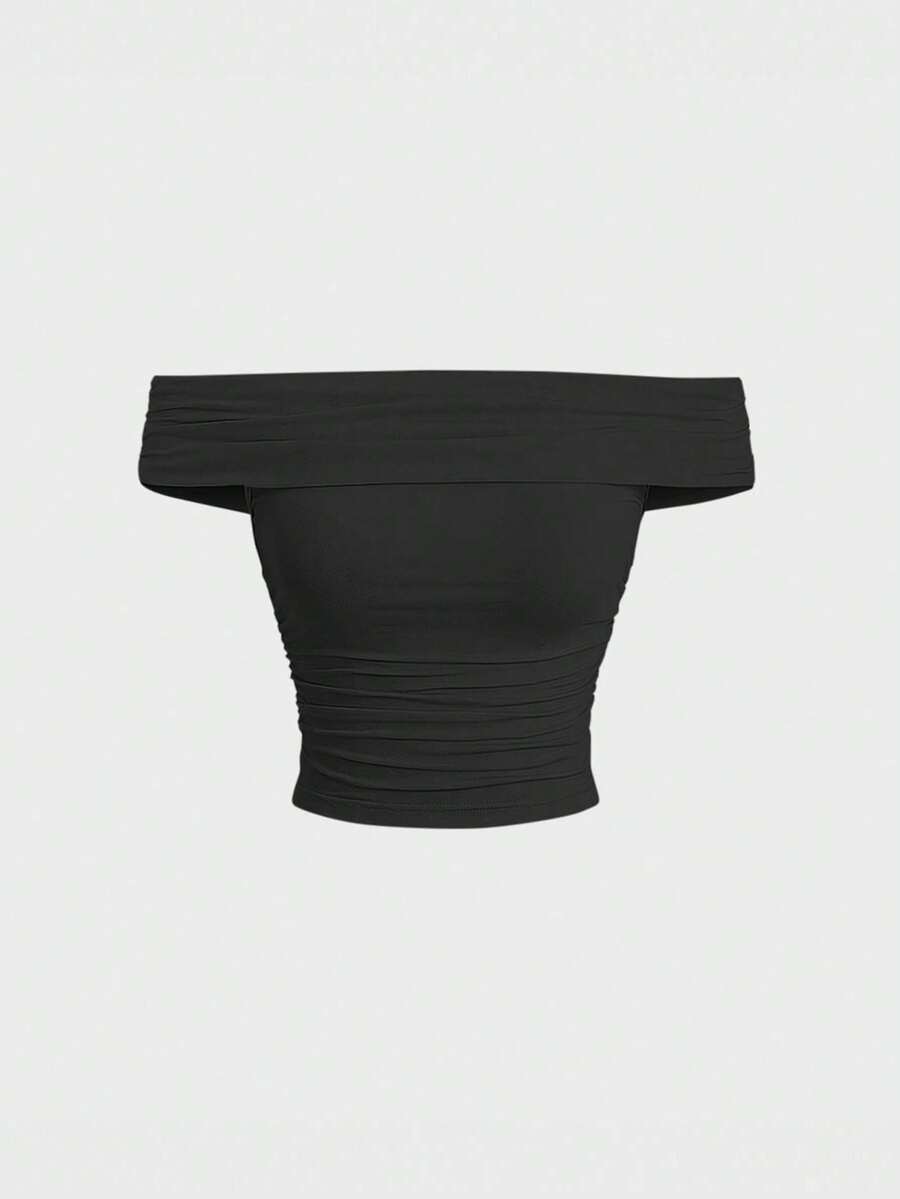 Sweetra Women's Summer Slim Fit Ruched Off Shoulder T-Shirt, Solid Color Y2K - Black - View 1