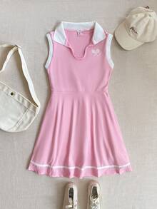 PrepCrw 1 件青少年女孩优雅校园休闲都市运动网球拍图案无袖 V 领连衣裙，适合外出、聚会、返校、秋冬季