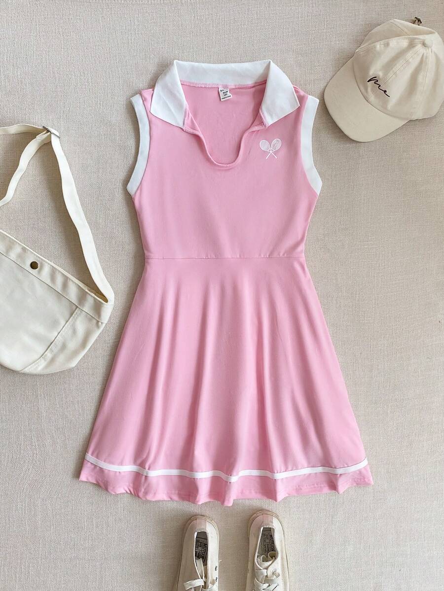 PrepCrw 1 件青少年女孩优雅校园休闲都市运动网球拍图案无袖 V 领连衣裙，适合外出、聚会、返校、秋冬季