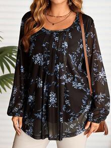 EMERY ROSE Plus Size Women Floral Print Round Neck Long Sleeve Black Blouse Top, Autumn/Winter,Going Out,2025 New,Simple And Fashionable For Everyday Wear, Winter,Comfortable And Breathable,Christmas,New Year,Thanksgiving, Tunic Blouse