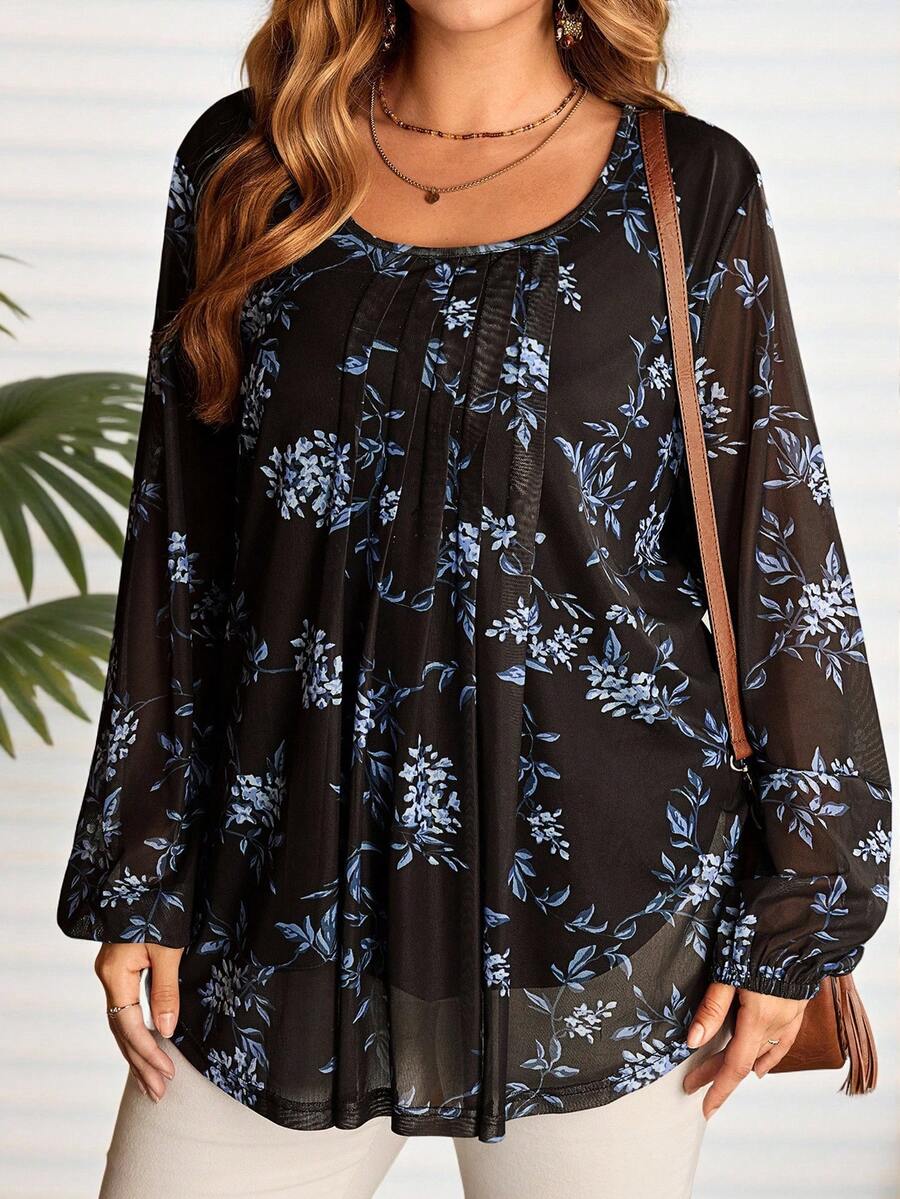 EMERY ROSE Plus Size Women Floral Print Round Neck Long Sleeve Black Blouse Top, Autumn/Winter,Going Out,2025 New,Simple And Fashionable For Everyday Wear, Winter,Comfortable And Breathable,Christmas,New Year,Thanksgiving, Tunic Blouse
