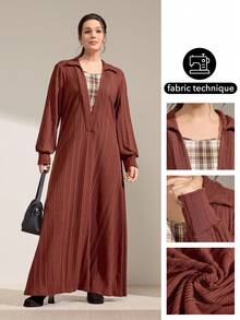 Momelise 大码女式秋冬抓绒拼接格子二合一休闲连衣裙 - 棕色 - 查看 1