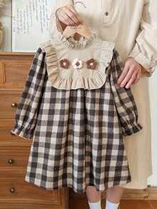 Vintaside Kids 女童休闲可爱格子图案3D立体花卉装饰长袖连衣裙，适合春、秋、冬三季室内外穿着，日常百搭。 - 彩色 - 查看 1