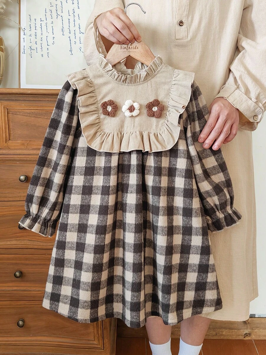 Vintaside Kids 女童休闲可爱格子图案3D立体花卉装饰长袖连衣裙，适合春、秋、冬三季室内外穿着，日常百搭。 - 彩色 - 查看 1