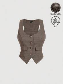 SHEIN MOD 复古格纹U领前开襟纽扣口袋休闲西装背心外套，秋冬季款