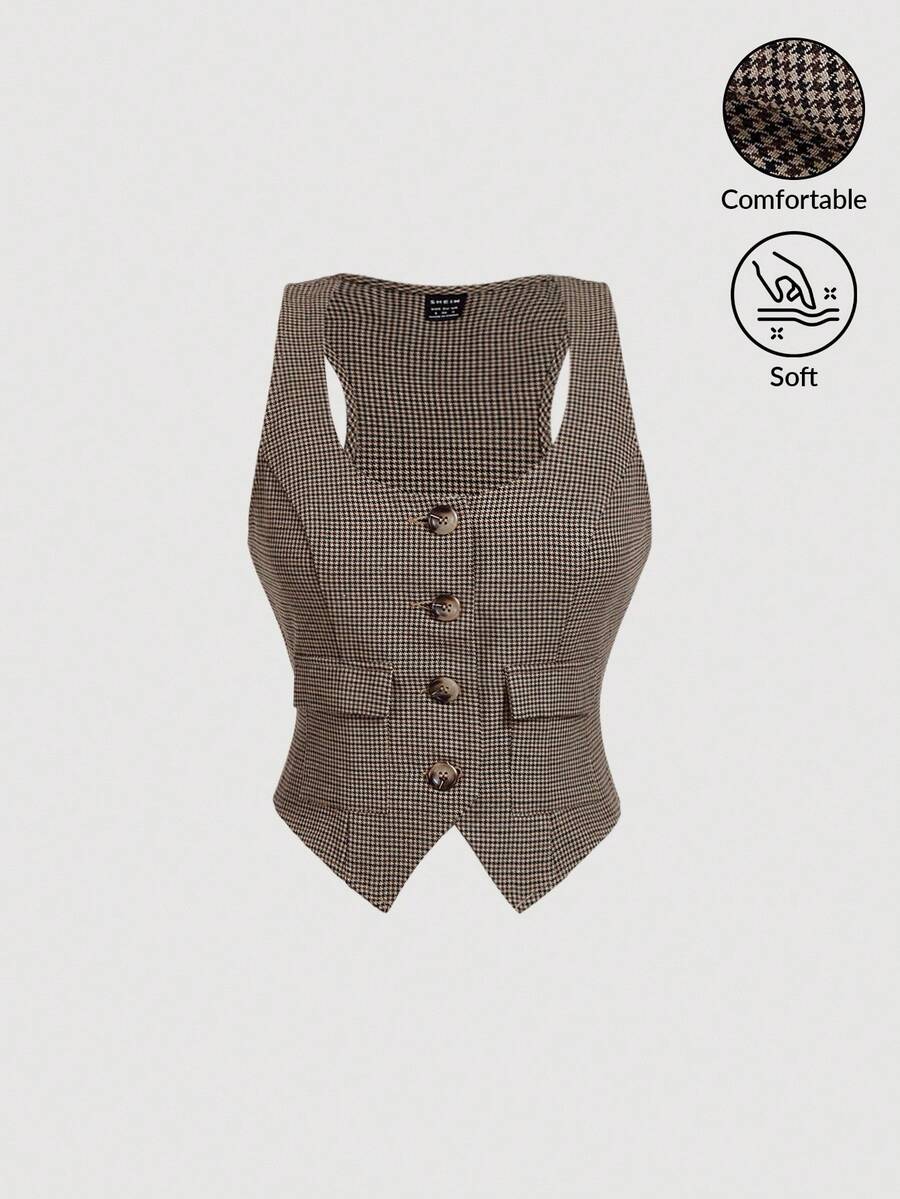 SHEIN MOD 复古格纹U领前开襟纽扣口袋休闲西装背心外套，秋冬季款