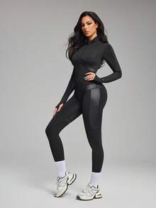 Innovista Zip Catsuit Black Long Sleeve Unitard Jumpsuit, PU Leather Panels, Front Zipper, Thumbhole Sleeves, Removable Pads, High Stretch Sculpting Compression | Gym Workout Running, Moto Athleisure Streetwear | Unitard | Catsuit Schwarz Reißverschluss Daumenloch Pads Herausnehmbar | Gymtok Techwear - Black - View 13