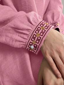 Al Najma 一件刺绣阿拉伯风格休闲连衣裙，简约时尚，适合日常穿着，波西米亚风长款阿拉伯长裙，休闲日常穿着。 - 粉色 - 查看 5