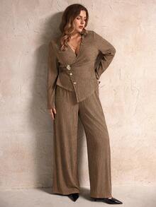 Elegantrix 秋冬女装时尚休闲纯色纹理金属扣带不对称开衩裤套装，时尚外出，女士办公室装，工作/办公室 - 卡其色 - 查看 3