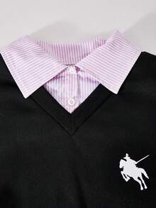 SHEIN ChillGRL Teen Girl Collegiate Graphic Sweatshirt With Striped Collar & Cuffs, Paired With Loose Black Sweatpants, 2 Piece Set, Suitable For Commuting, School, Street, Casual Wear, Spring & Autumn - Black - View 5