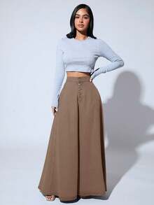 SHEIN SXY Chân váy denim dài thường ngày cài nút phía trước cạp cao cho nữ - Màu Khaki - Xem 5