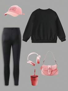 Sparklyn 2pcs/Set, Girls 67 Star & Rope Print Crew Neck Sweatshirt And Leggings Set, Long Sleeve Top, Suitable For Autumn/Winter - Black - View 2