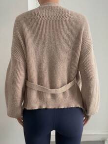Áo khoác cardigan quấn màu trơn thường ngày cho nữ, Thu/Đông - Màu Khaki - Xem 3