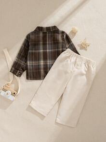 Souflis Souflis French Retro Plaid Long Sleeve Shirt & Beige Pants 2pcs Outfit, Elegant & Versatile For School, Outing, Various Occasions, Toddler Boys Brown Baby Boy Outfit Mocha Baby Clothes Toddler Linen Set Boy - Multicolor - View 2